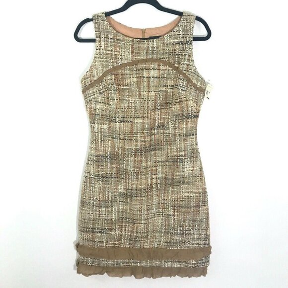 ABS By Allen Schwartz Dress Women 8 Tan Tweed Sleeveless with Ruffle Trim - Picture 1 of 7